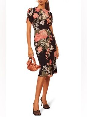 Reformation Andre Dress Vivette Floral Midi NWT Size 8 Black Pink Romantic